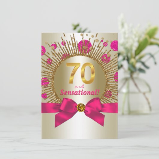 Vrouwen 70e verjaardag Party Fuchsia Gold Kaart (Staand voorkant)