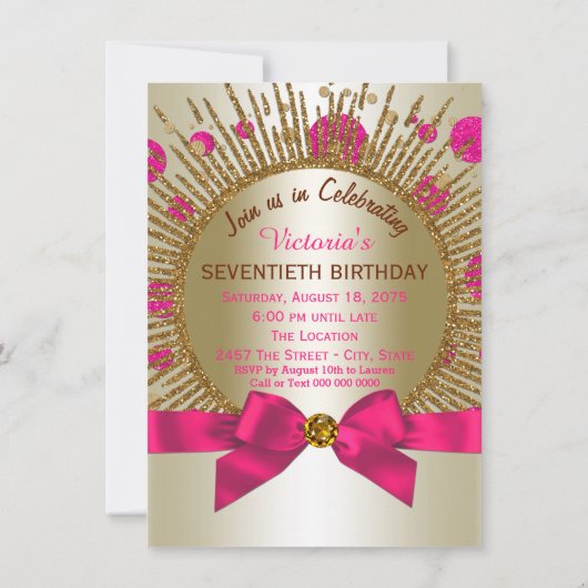 Vrouwen 70e verjaardag Party Fuchsia Gold Kaart (Achterkant)