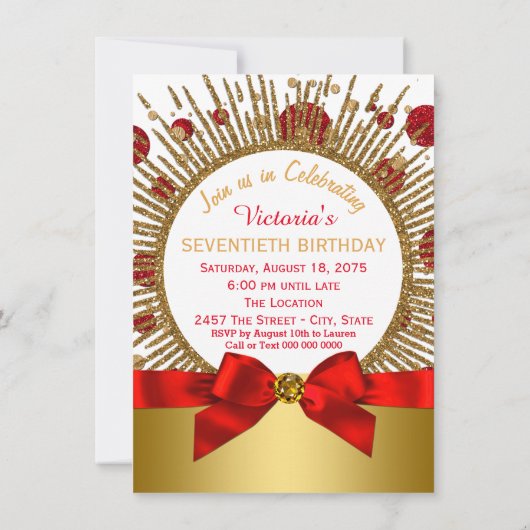 Vrouwen 70ste verjaardagsfeest rood en goud kaart (Achterkant)