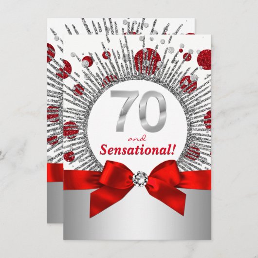 Vrouwen 70ste verjaardagsfeest rood en zilver kaart (Voorkant / Achterkant)