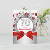 Vrouwen 70ste verjaardagsfeest rood en zilver kaart (Staand voorkant)