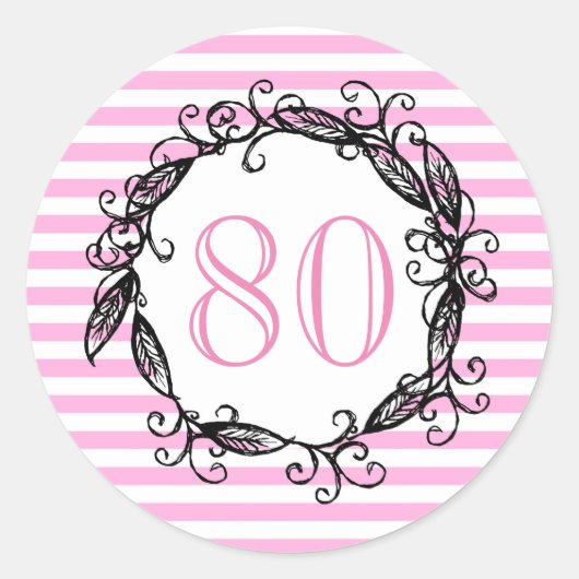 Vrouwen 80ste verjaardag Roze Wit Zwart Swirly Ronde Sticker (Voorkant)