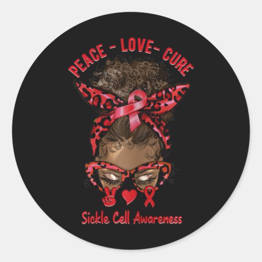 Vrouwen Afro Messy Bun Peace Love Cure Sikkelcel Ronde Sticker (Voorkant)