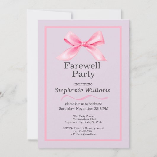 Vrouwen Afscheidsfeest Modern Elegant Pink Bow Kaart (Voorkant)
