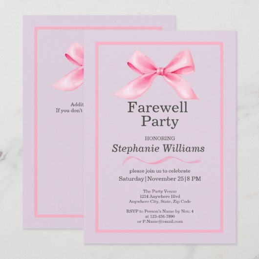Vrouwen Afscheidsfeest Modern Elegant Pink Bow Kaart (Voorkant / Achterkant)