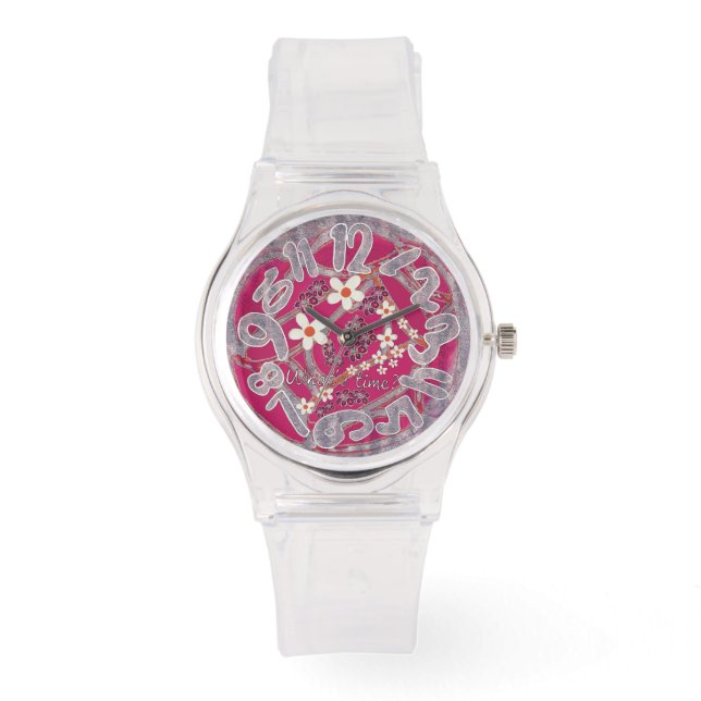 Vrouwen bekijken roze bloemstijl horloge (Voorkant)