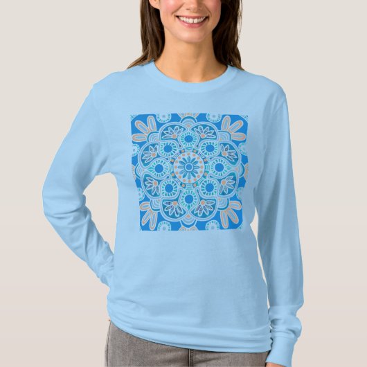 Vrouwen blauw lange mouw tegel patroon T- Shirt (Voorkant)