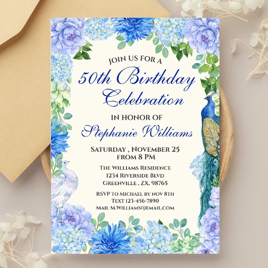 Vrouwen Blauwe Bloemen Grens 50ste Verjaardag Part Kaart