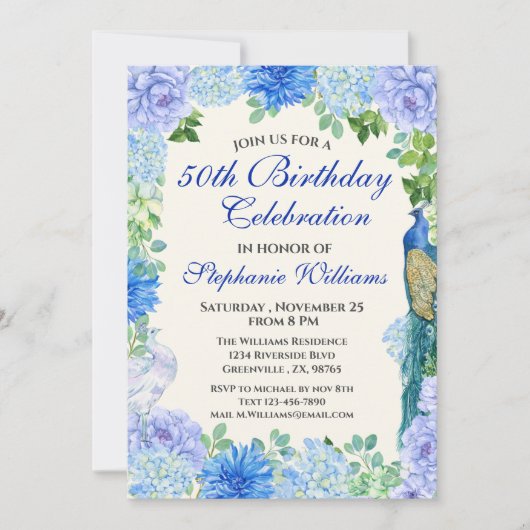 Vrouwen Blauwe Bloemen Grens 50ste Verjaardag Part Kaart (Voorkant)