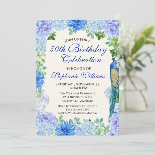 Vrouwen Blauwe Bloemen Grens 50ste Verjaardag Part Kaart (Staand voorkant)