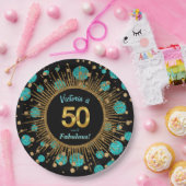 Vrouwen Blauwgroen Blauw Goud 50ste Verjaardagsfee Papieren Bordje (Feest)
