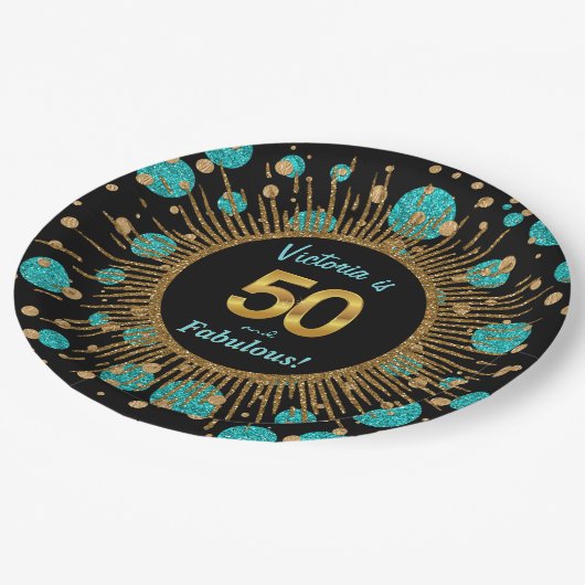 Vrouwen Blauwgroen Blauw Goud 50ste Verjaardagsfee Papieren Bordje (Gekanteld)