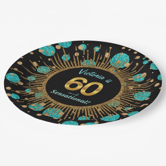 Vrouwen Blauwgroen Blauw Goud 60ste Verjaardagsfee Papieren Bordje (Gekanteld)
