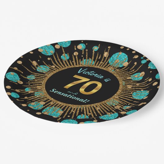 Vrouwen Blauwgroen Blauw Goud 70ste Verjaardagsfee Papieren Bordje (Gekanteld)