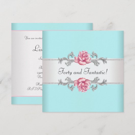 Vrouwen Blauwgroen Roze Rozen Elegant 40ste verjaa Kaart (Voorkant / Achterkant)