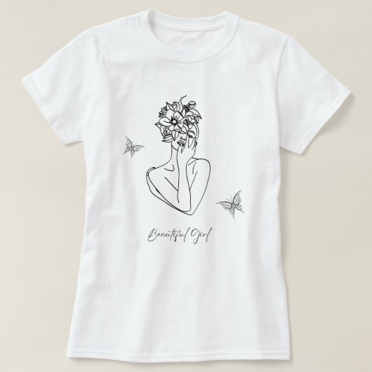 Vrouwen Bloem Vlinder Gezicht Portret Mooi T-shirt (Design voorkant)