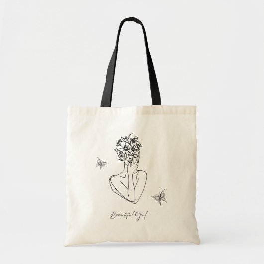 Vrouwen Bloem Vlinder Gezicht Portret Mooi Tote Bag (Voorkant)