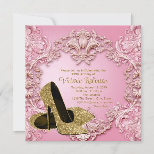 Vrouwen Blush Roze Gouden Schoen Verjaardagsfeest Kaart (Voorkant)