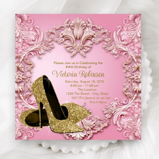 Vrouwen Blush Roze Gouden Schoen Verjaardagsfeest Kaart