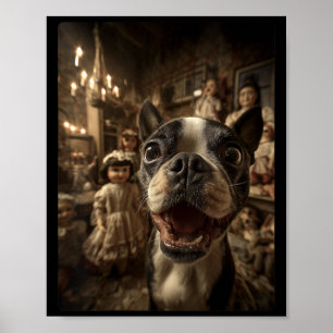 Vrouwen Boston Terrier selfie met Y-poppen griezel Poster