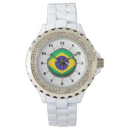 Vrouwen Brazilië Vlag Strass Wit emaille horloge