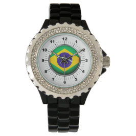 Vrouwen Brazilië Vlag Strass Zwart emaille horloge