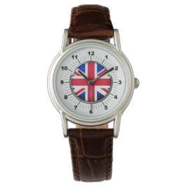 Vrouwen Britse vlag Classic Bruin Lederen Horloge