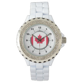 Vrouwen Canada Vlag Strass Wit emaille horloge