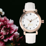 Vrouwen Chique Stijlvolle Elegant Roos Goud Monogr Horloge<br><div class="desc">Creëer Uw eigen aangepaste, gepersonaliseerde, stijlvolle stijlvolle, stijlvolle faux gouden zwart-wit uren, monogram, dames roos gouden retro look stijl wit lederen bandhorloge. Gewoon typen in jouw naam / monogram / initialen, aan te passen. Maakt een geweldig cadeau, voor verjaardag, afstuderen, moederdag, kerst, feestdagen, bruiloft, huwelijksverjaardag, Valentijnsdag, en meer, voor uw...</div>