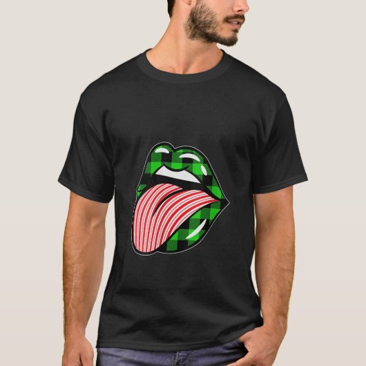 Vrouwen De Kerstmis Groene Plaid Candy Cane Lips C T-shirt (Voorkant)