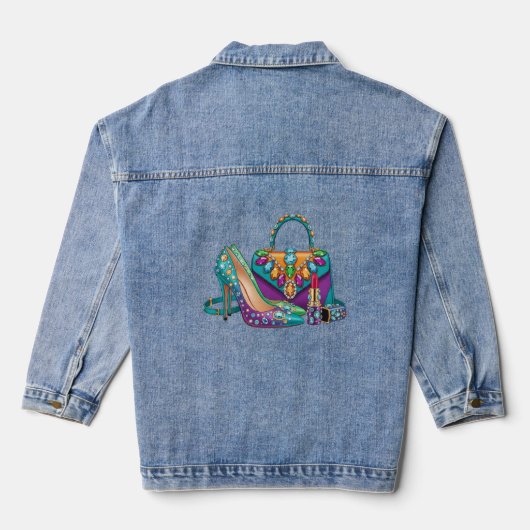 Vrouwen Diamond Crystal Glam-hakken en chique tas Denim Jacket (Achterkant)
