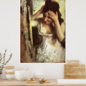 Vrouwen die haar haar haar haar voor een spiegel h poster (Keuken)