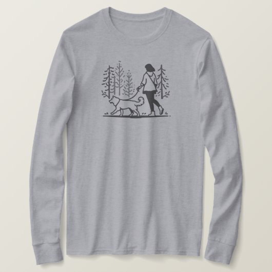 Vrouwen die haar hond door bomen lopen - lange mou t-shirt (Design voorkant)