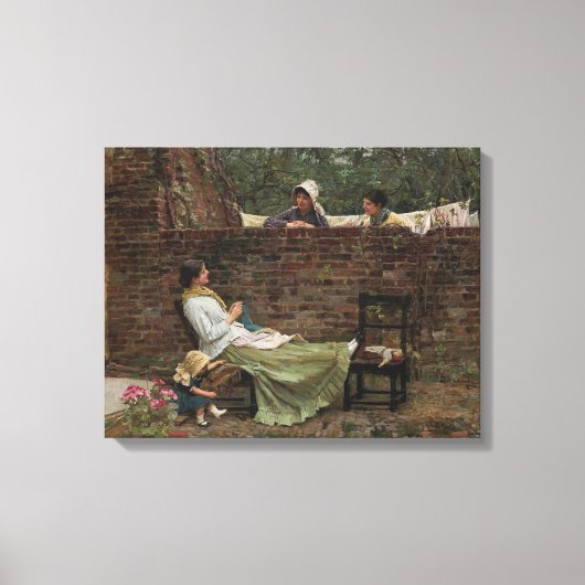 Vrouwen die over de tuinmuur kletsen (roddel) canvas afdruk (Voorkant)