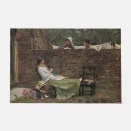 Vrouwen die over de tuinmuur kletsen (roddel) deurmat