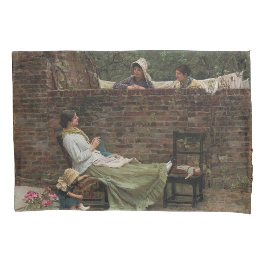 Vrouwen die over de tuinmuur kletsen (roddel) kussensloop (Voorkant-Links)