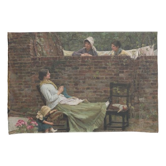 Vrouwen die over de tuinmuur kletsen (roddel) kussensloop (Voorkant-Rechts)