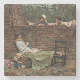 Vrouwen die over de tuinmuur kletsen (roddel) stenen onderzetter