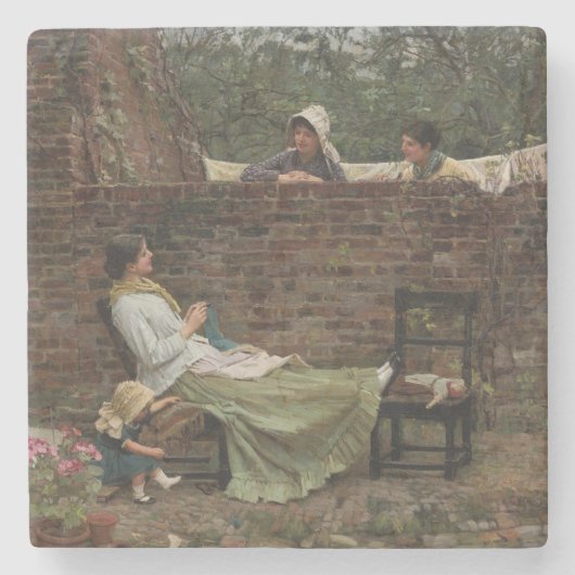 Vrouwen die over de tuinmuur kletsen (roddel) stenen onderzetter (Voorkant)