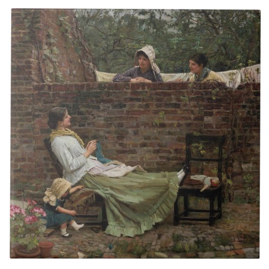 Vrouwen die over de tuinmuur kletsen (roddel) tegeltje (Voorkant)