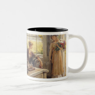 Vrouwen die thee innemen tweekleurige koffiemok