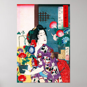 Vrouwen dragen in kat gepatterde kimono, Yoshitosh Poster