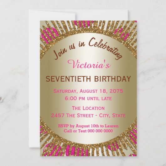 Vrouwen Elegant 70ste Verjaardagsfeest Fuchsia Gol Kaart (Achterkant)