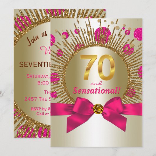 Vrouwen Elegant 70ste Verjaardagsfeest Fuchsia Gol Kaart (Voorkant / Achterkant)