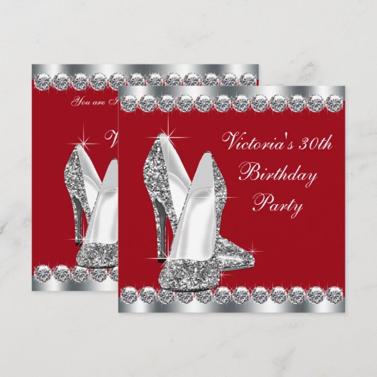 Vrouwen Elegant Zilveren en Rode Verjaardagsfeest Kaart (Voorkant / Achterkant)
