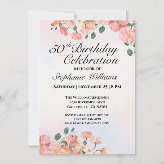 Vrouwen Elegante Bloemen 50ste Verjaardag Viering Kaart (Voorkant)