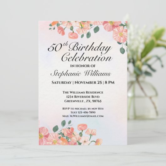 Vrouwen Elegante Bloemen 50ste Verjaardag Viering Kaart (Staand voorkant)