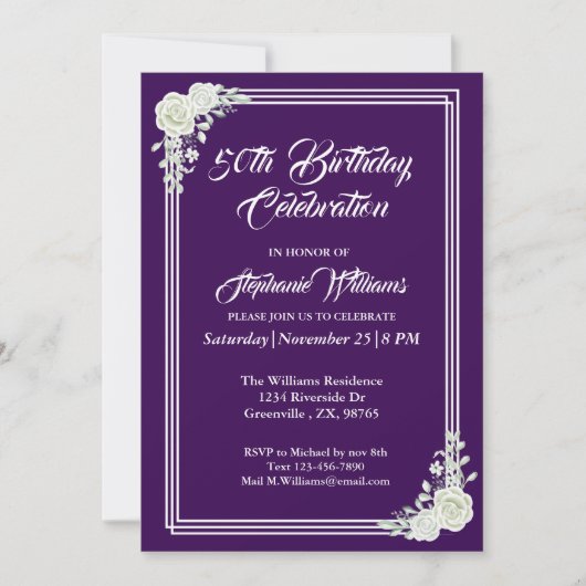 Vrouwen Elegante Paarse Bloemen 50ste Verjaardag P Kaart (Voorkant)