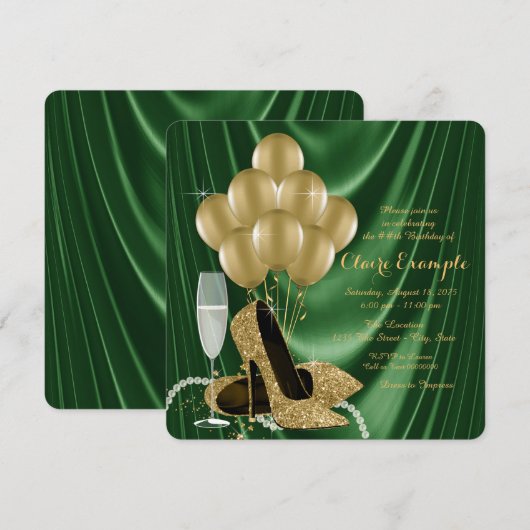 Vrouwen Emerald Green en Gold verjaardagsfeestje Kaart (Voorkant / Achterkant)