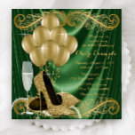 Vrouwen Emerald Groen en Gouden Verjaardagsfeestje Kaart<br><div class="desc">De smaragdgroene en gouden uitnodiging van het de feestdag van de vrouw met mooie gouden glitter hoge hielschoenen, gouden ballonnen, champagne en parels op een glamoureuze en luxueuze smaragdgroene satijnachtergrond. Deze elegante groene en gouden uitnodiging voor verjaardagsfeestjes wordt eenvoudig aangepast voor uw evenement door eenvoudig uw gegevens toe te voegen...</div>